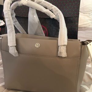 Toryburch taupe small Parker tote handbag